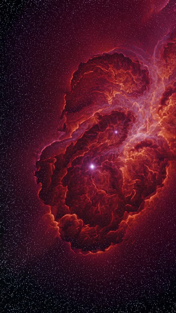 A mesmerizing cosmic nebula with fiery red and purple hues, captured from a wide-angle perspective