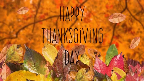 Digital-composition-of-happy-thanksgiving-day-text-and-autumn-leaves-falling-against-autumn-trees