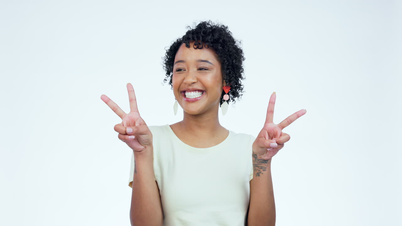Face, smile and woman with peace sign