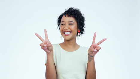 Face,-smile-and-woman-with-peace-sign