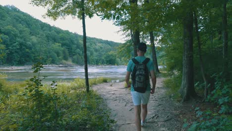 a traveler hikes alongside a wide, fast moving river in a large thick forest