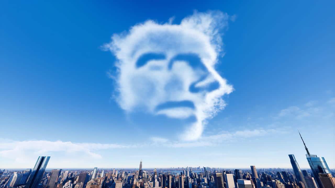 Anthropomorphic Cloud Face Over City Skyline