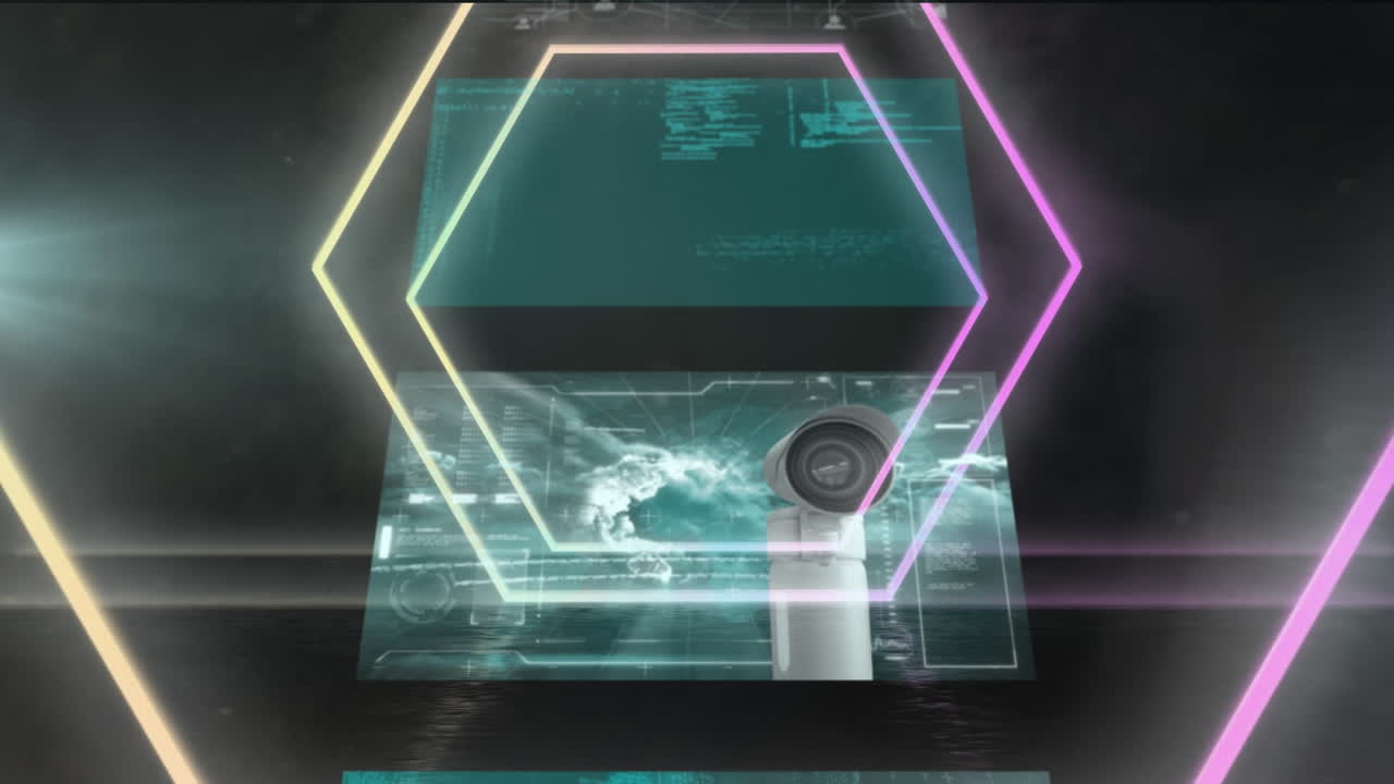 인터페이스 화면의 캐스케이드에 데이터 처리를 통해  ⁇ 색과 분홍색 네온 육각형의 애니메이션