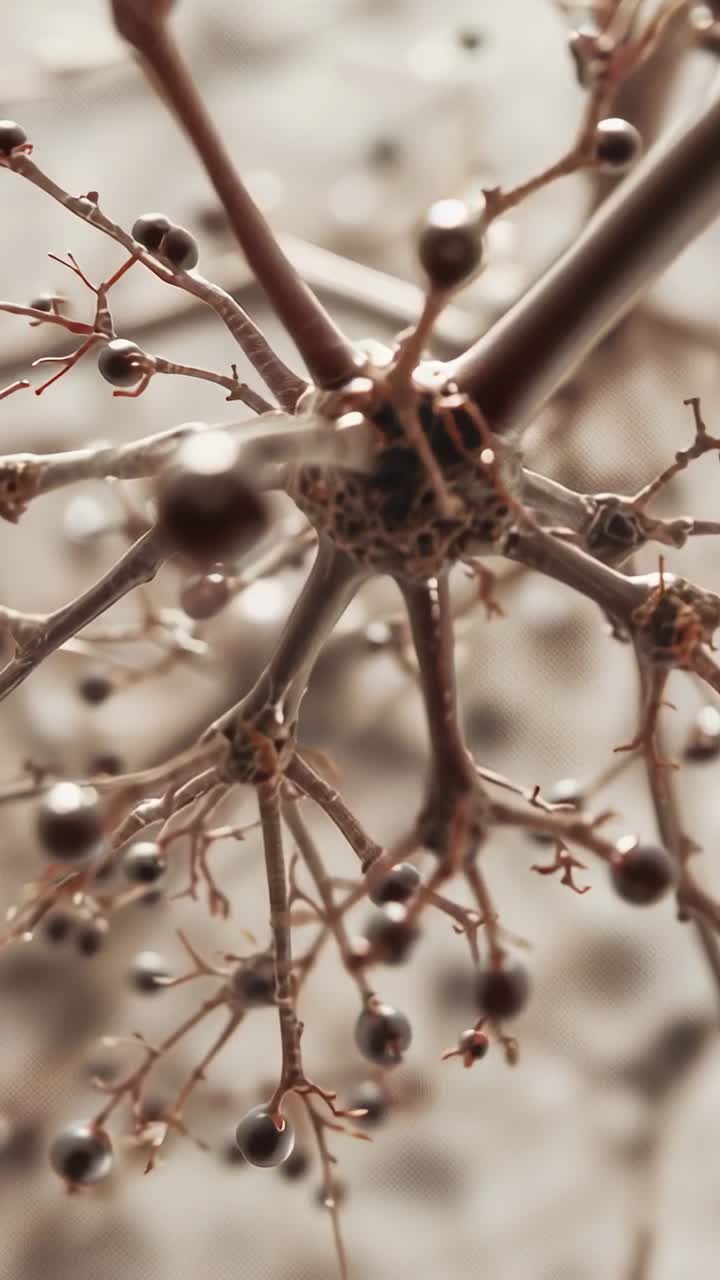 Vertical video: Rotating camera revealing neuron soma at microscope to show fine filigree and beads