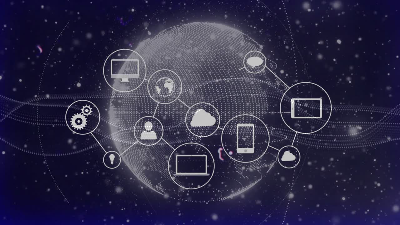 Opening on rotating dotted globe, network icons emerging and forming links for device connectivity