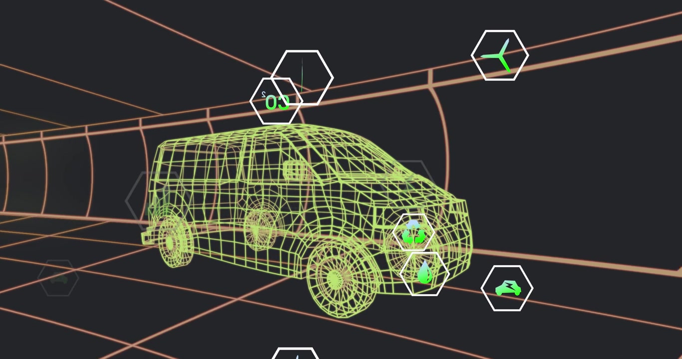 Animazione di icone digitali multiple sopra un modello 3D di furgone che si muove con motivo continuo in un tunnel