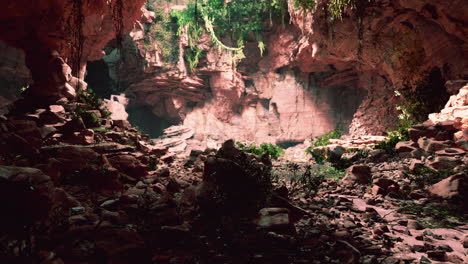 Große-Märchenhafte-Felshöhle-Mit-Grünen-Pflanzen