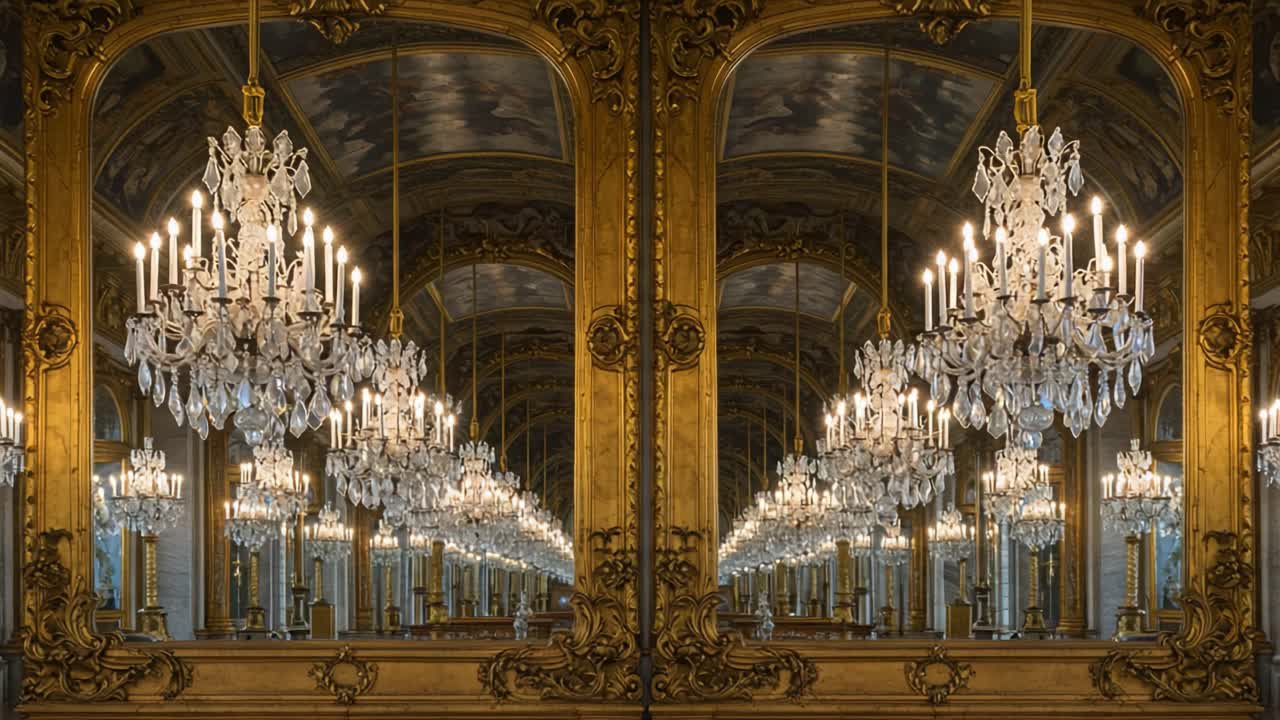 A Stunning Display of Elegance: Reflections of Ornate Chandeliers in an Opulent Space Captured in Two Illustrative Frames