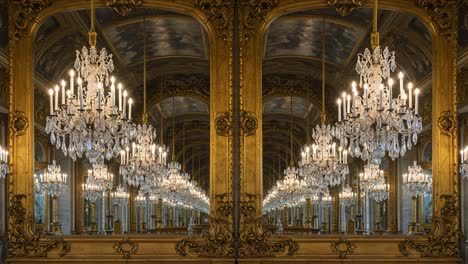 a stunning display of elegance: reflections of ornate chandeliers in an opulent space captured in two illustrative frames