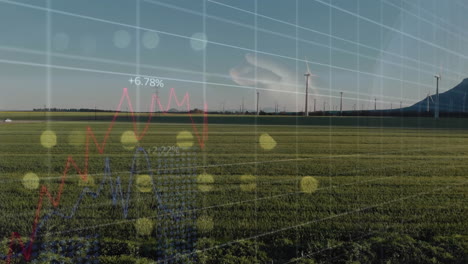 graph and data animation over wind turbines in green agricultural field