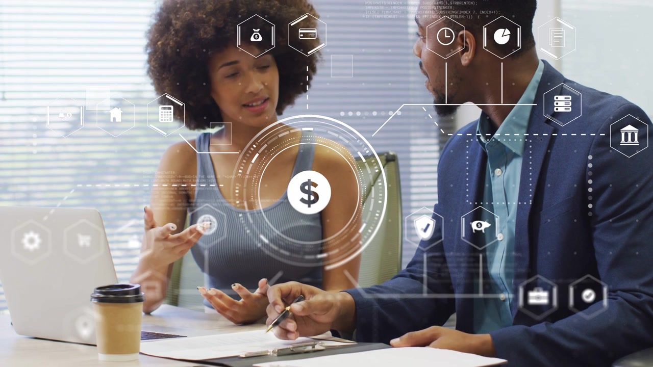 Woman starting meeting gesturing showing finance HUD icons over laptop while man annotating figures
