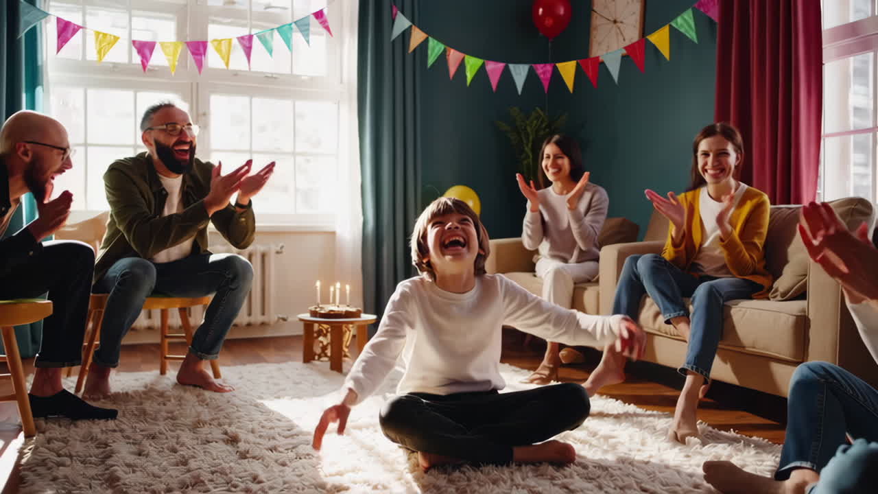 행복 한 가족 이 생일을 축하 하고 있다