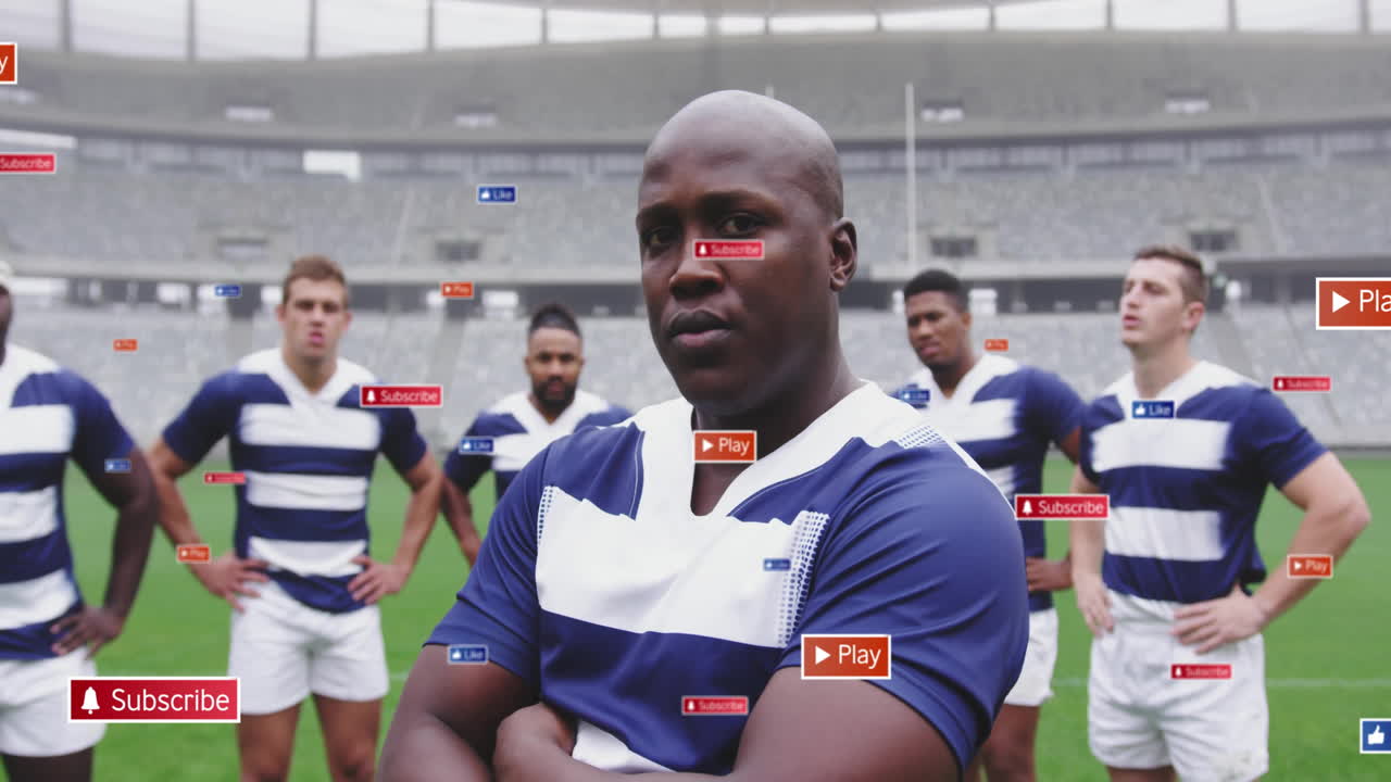 Rugby players on field with animation of digital play buttons overlaying them