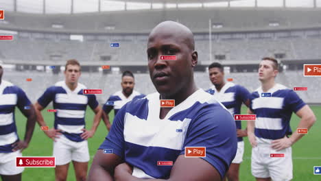 rugby players on field with animation of digital play buttons overlaying them