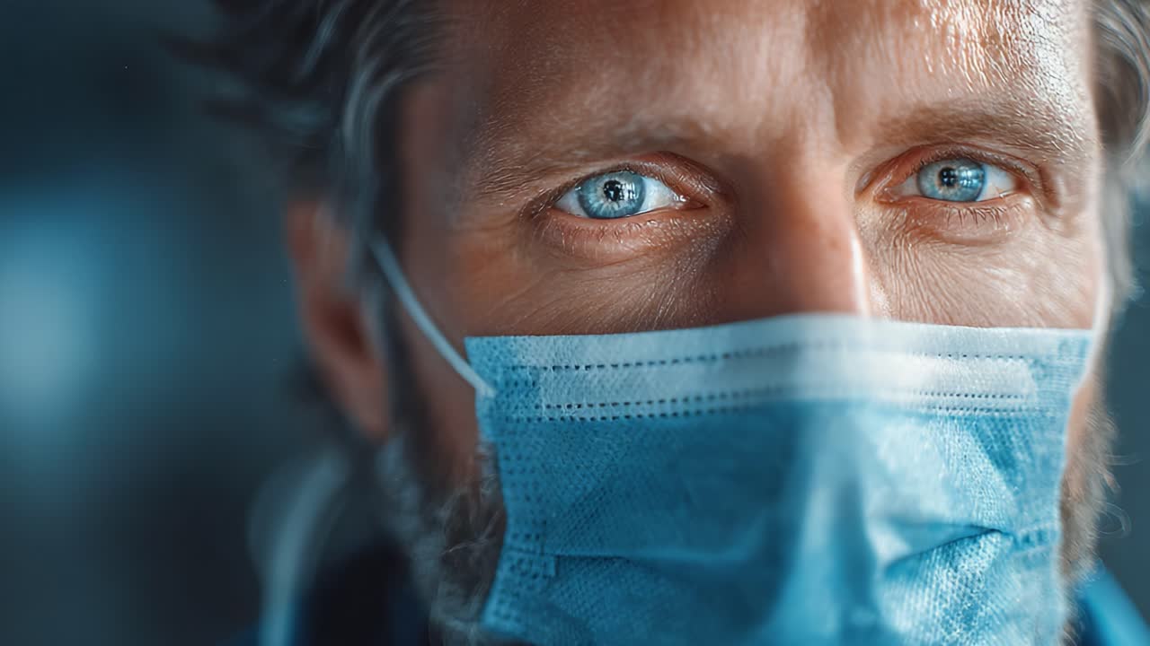 Intense Close-Up of a Man's Eyes Surrounded by a Medical Mask, Capturing the Essence of Resilience and Vigilance During Uncertain Times