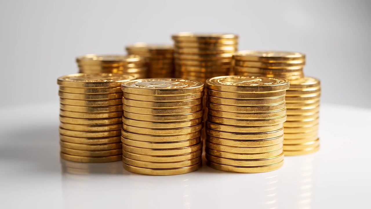 Stacks of shiny gold coins on a clean white surface