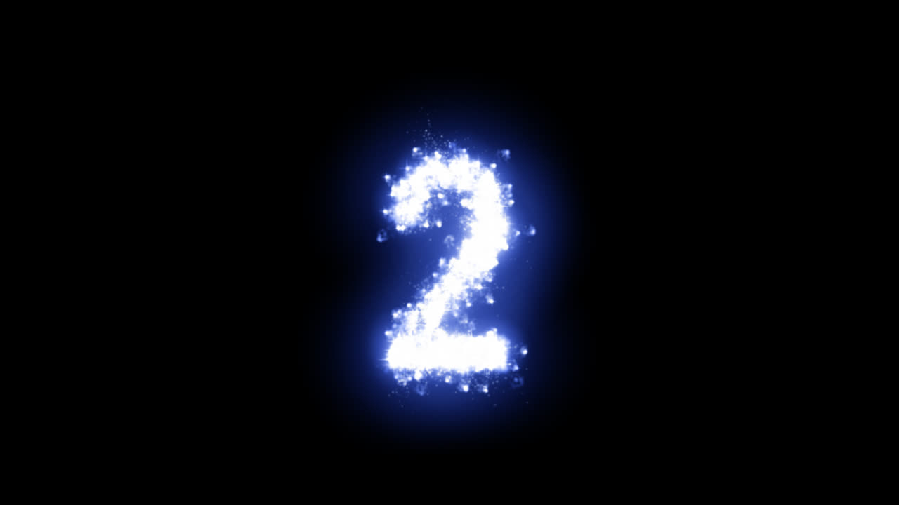 Glowing number two with sparkling stars on transparent background