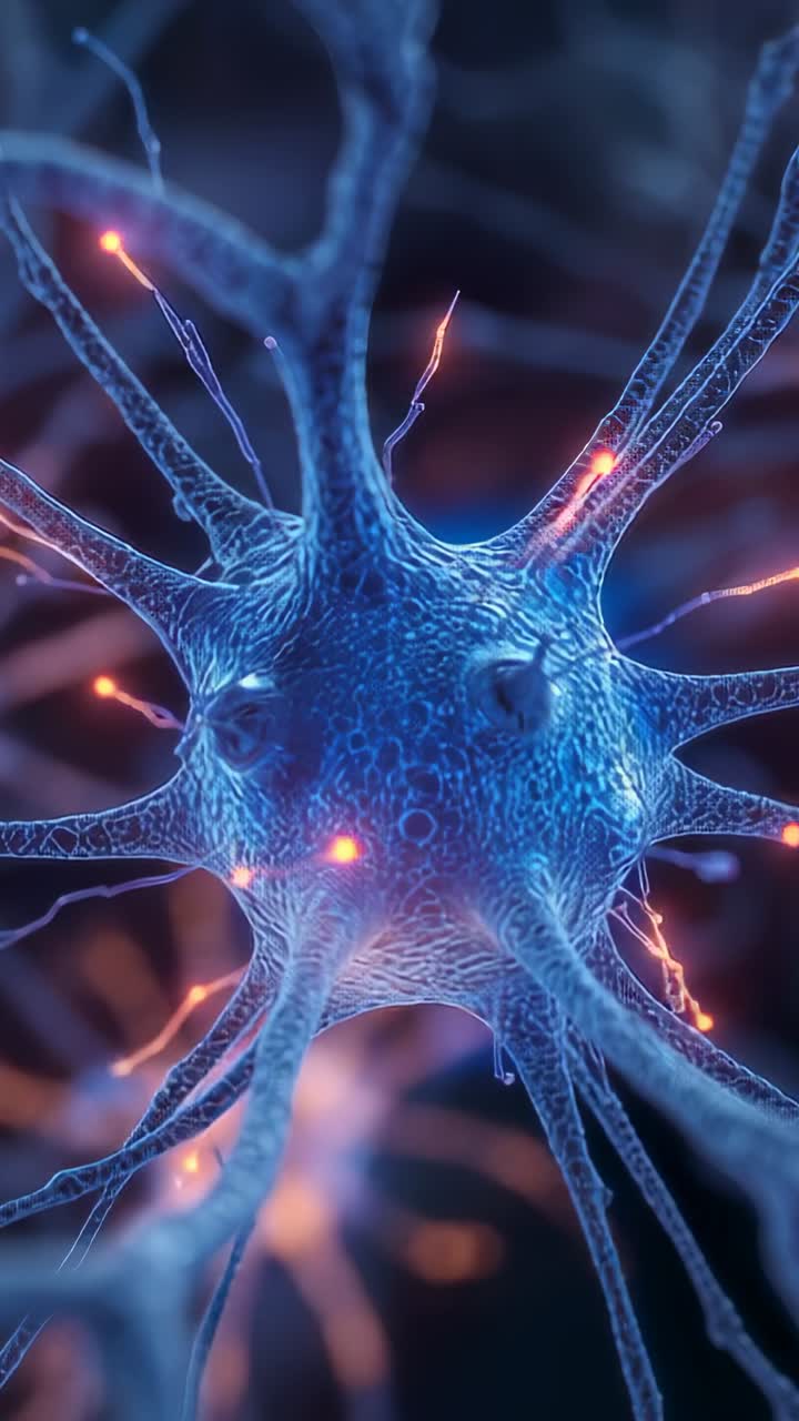 Vertical video: Neuron releasing orange pulses from dendritic tips toward soma in neural network