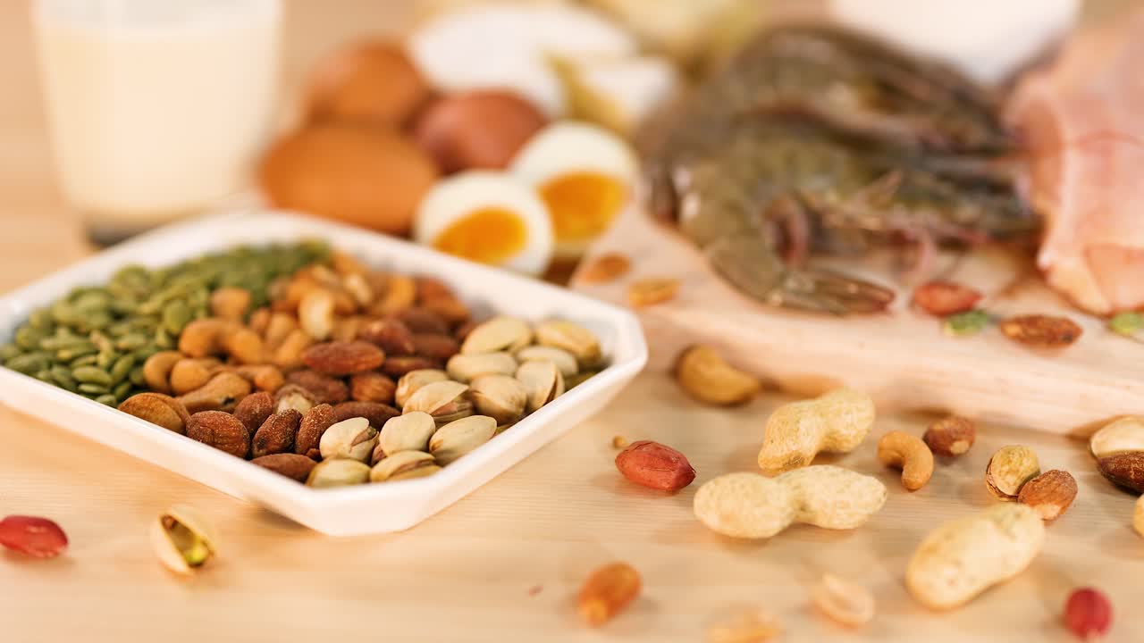 테이블에 있는 다양한 단백질 원천