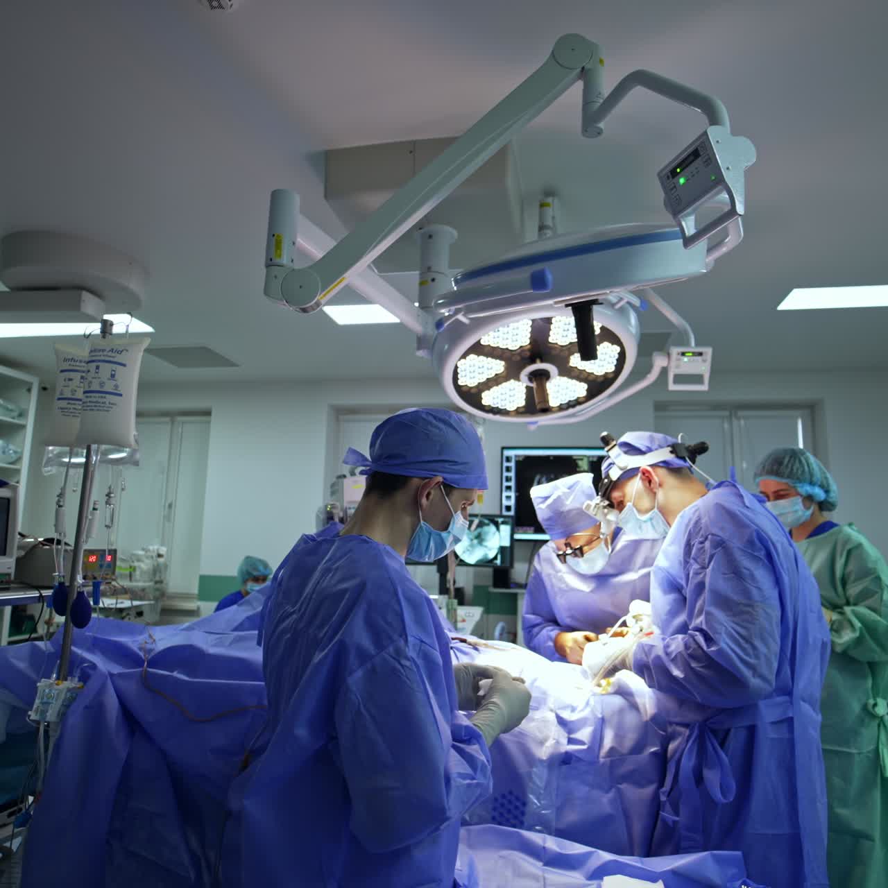 Surgeons cooperating during neurosurgical operation. Team of medics work under round lamps