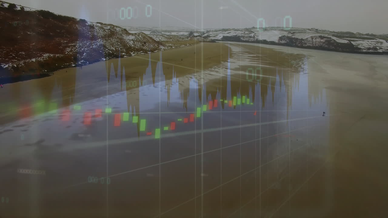 Blending snowy coast with stock chart overlay and paddleboarder gliding in flat design