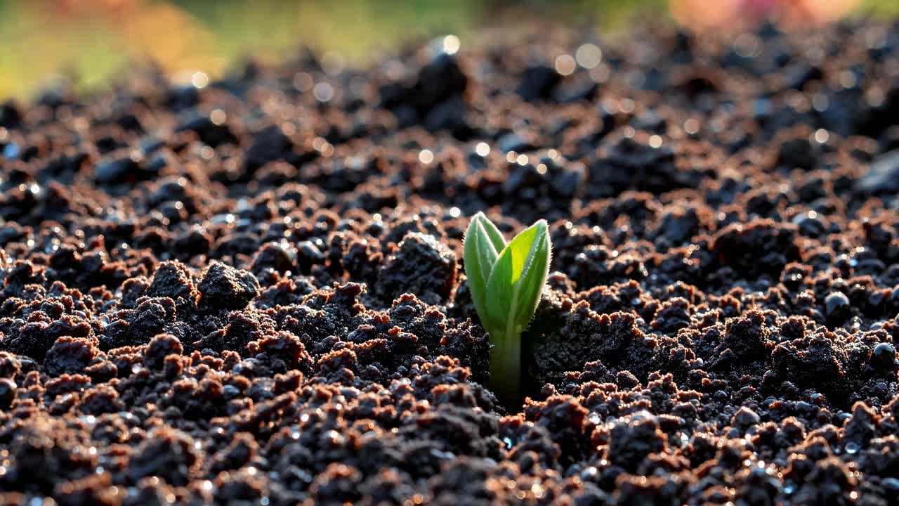 Close-up shot of a fresh green sprout emerging from rich soil, symbolizing growth and renewal