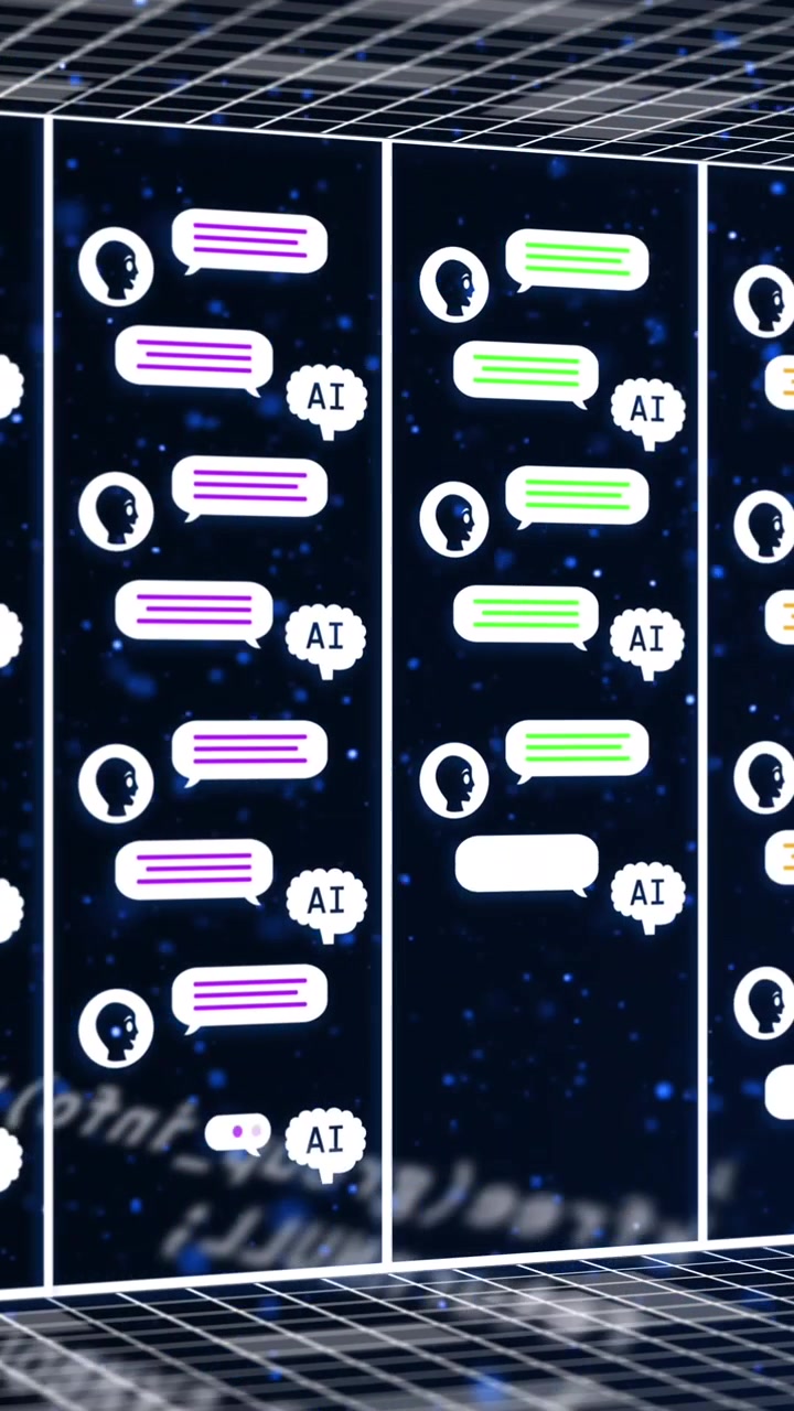 Animation af AI-tekst, ikoner og databehandling over computerservere