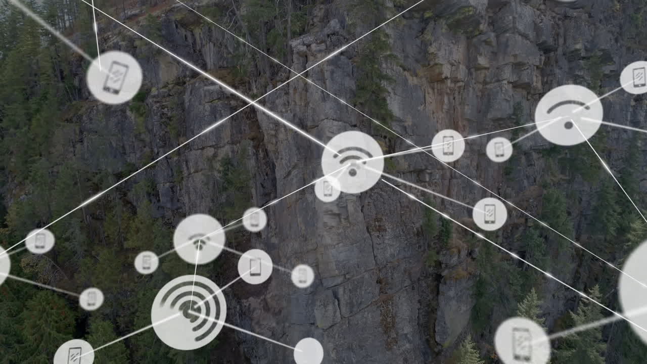 animación de la red de conexiones con iconos sobre el paisaje