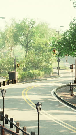 serene winding road through a lush park