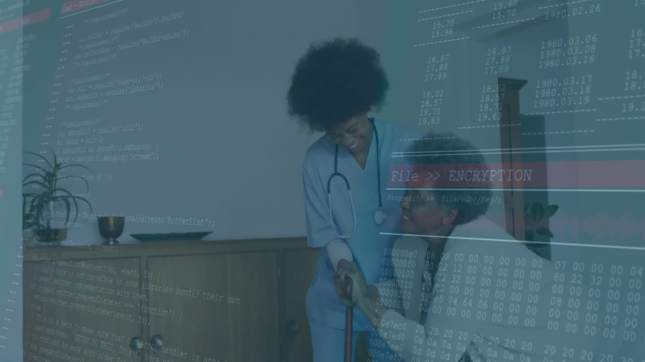 nurse supporting senior patient in healthcare, with cane and File  ENCRYPTION code overlay