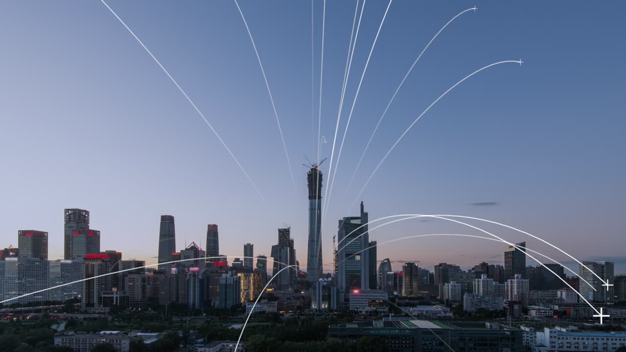 Timelapse. Skyline urbano all'alba con linee di connessione, Pechino, Cina.