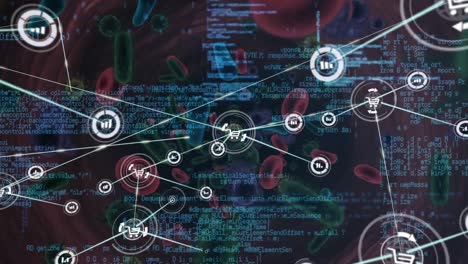 Network-of-profile-icons-and-data-processing-against-covid-19-cells-and-blood-vessels