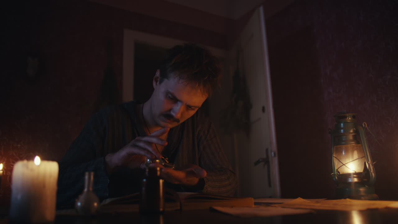 Man Studying Intently by Candle and Lantern Light