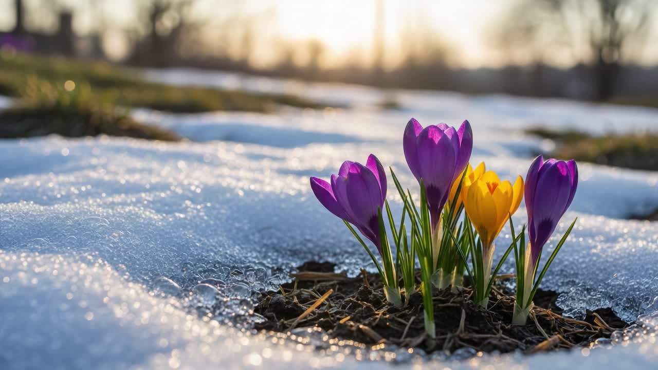 A Vibrant Display of Crocus Flowers Emerging from the Snowy Ground as the Winter Melts Away, Signifying the Arrival of Spring and Nature's Awakening