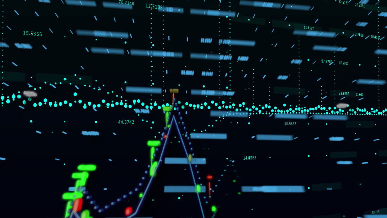 Animation of statistical and financial data processing against black background