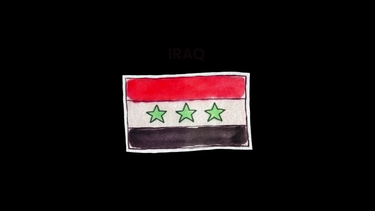 Bandiera dell'Iraq acquerellata disegnata a mano su sfondo nero