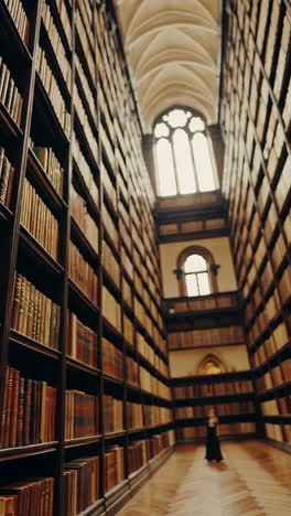 a person reading an antique book in a grand library