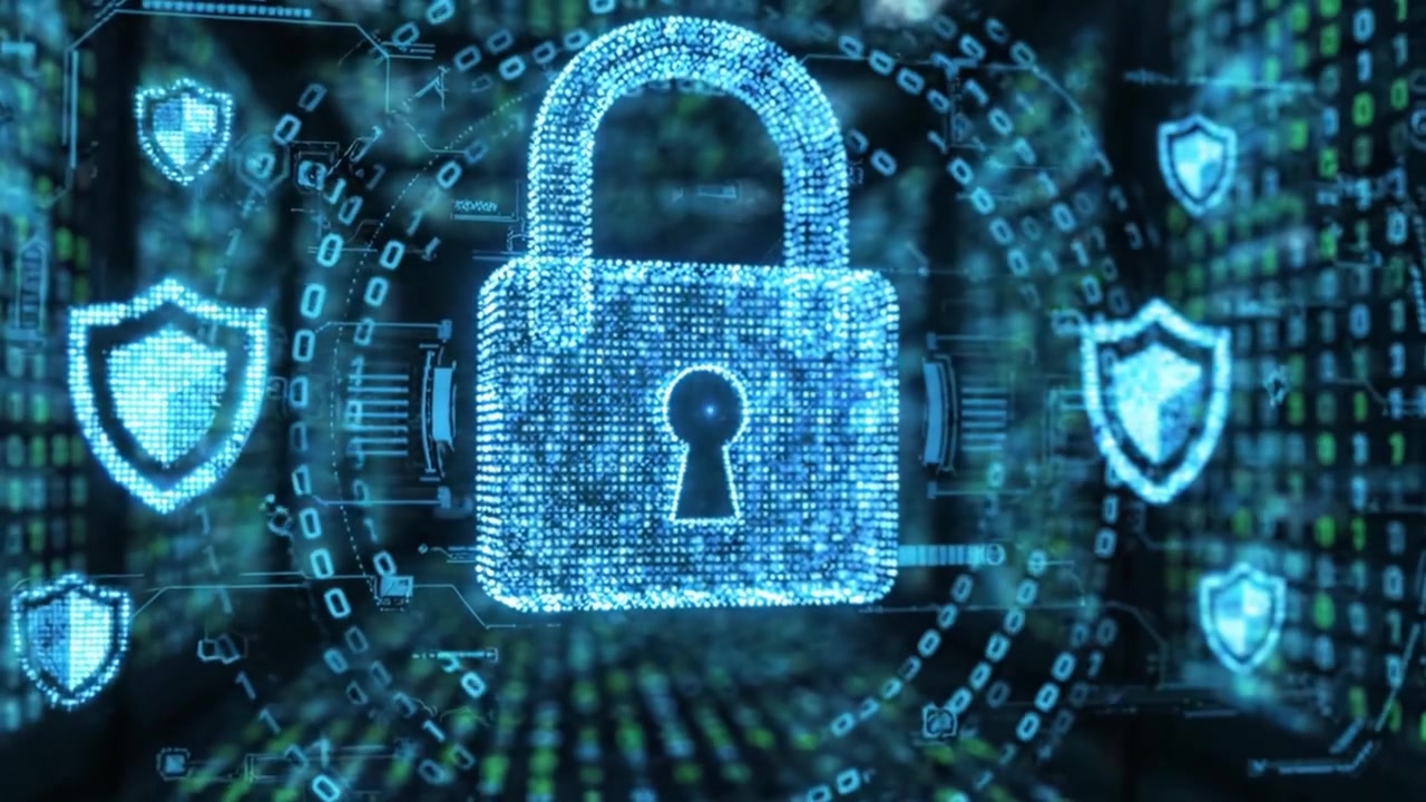 Exploration of Digital Security: A Visual Journey Through Cyber Protection Represented by a Lock Amidst a Sea of Binary Code and Shield Symbols
