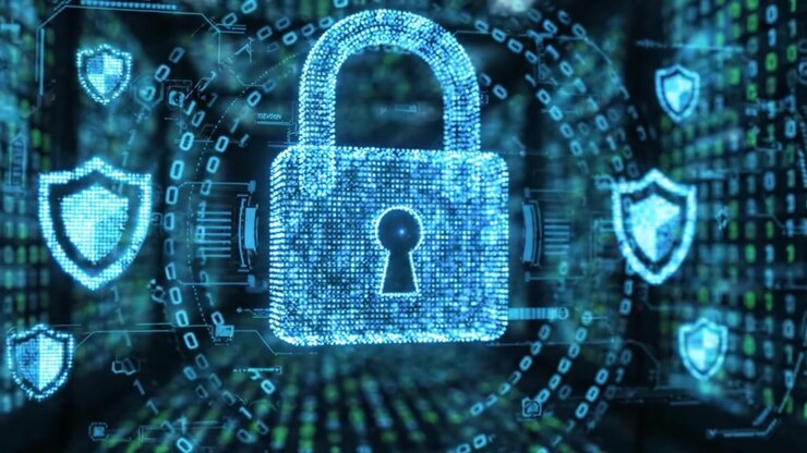 Exploration of Digital Security: A Visual Journey Through Cyber Protection Represented by a Lock Amidst a Sea of Binary Code and Shield Symbols