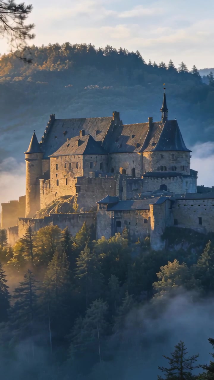 Video vertical: Castillo de piedra bañado por la luz en una colina rocosa, la luz del amanecer resaltando torres y niebla