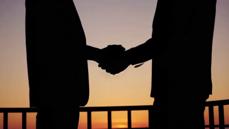 silhouettes of professional handshakes and agreements at sunset