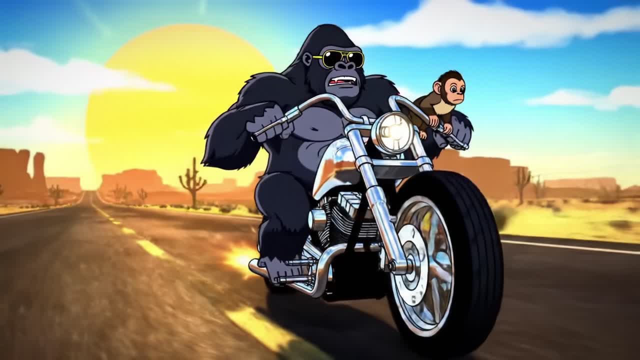 A Fearless Gorilla and His Monkey Companion Roar Down the Open Road on a Custom Motorcycle Under the Vibrant Sunset, Embracing Adventure and Freedom