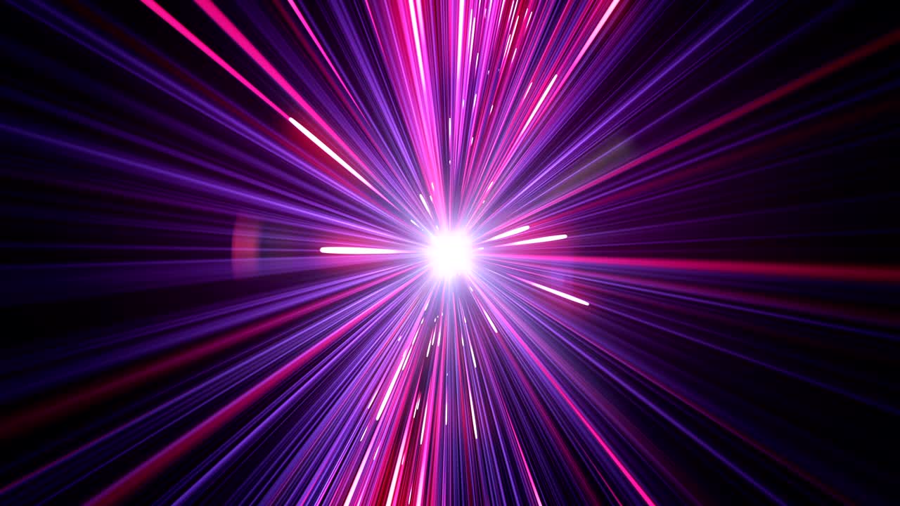 Abstract Hyperspace Jump in Universe With Spinning. Beautiful Space Travel Through Stars Trails Blue Color. Digital Design Concept. Looped 3d Animation of Glowing Lines