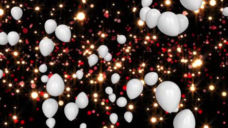 Animation-of-glowing-lights-and-white-balloons-flying-on-black-background