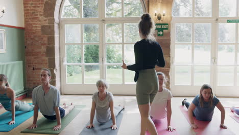 yoga class practicing cobra pose