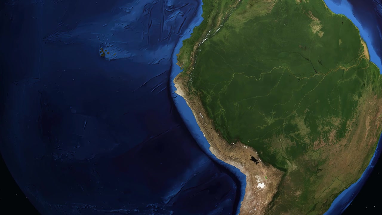 Animação digital que se aproxima do espaço para a América do Sul, destacando Trujillo, Peru com estatísticas populacionais.