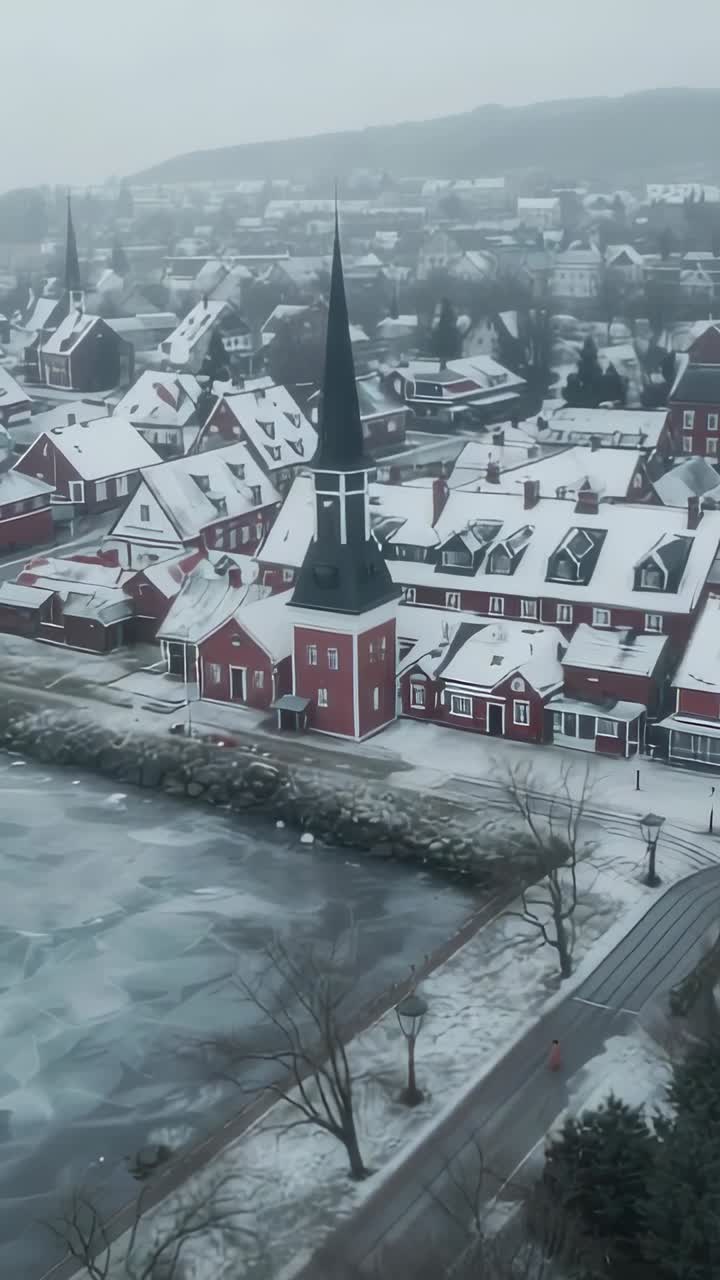 Video verticale: panning iniziale, riprese con drone di una chiesa rossa, alta guglia sulla riva innevata per mostrare il ghiaccio