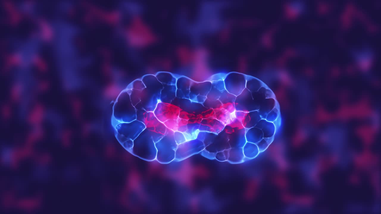 mitosis celular. división celular de formas de vida similares a las células. animación microbiológica de las células que se duplican.