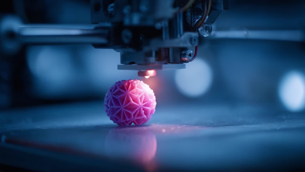 Capturing the Precision of 3D Printing: A Close-up of a Bright Pink Sphere Being Crafted by a 3D Printer in a Modern Workshop Environment