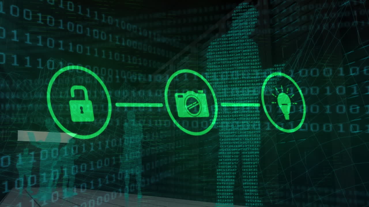 Animation of network of connections with online security padlocks over dark background